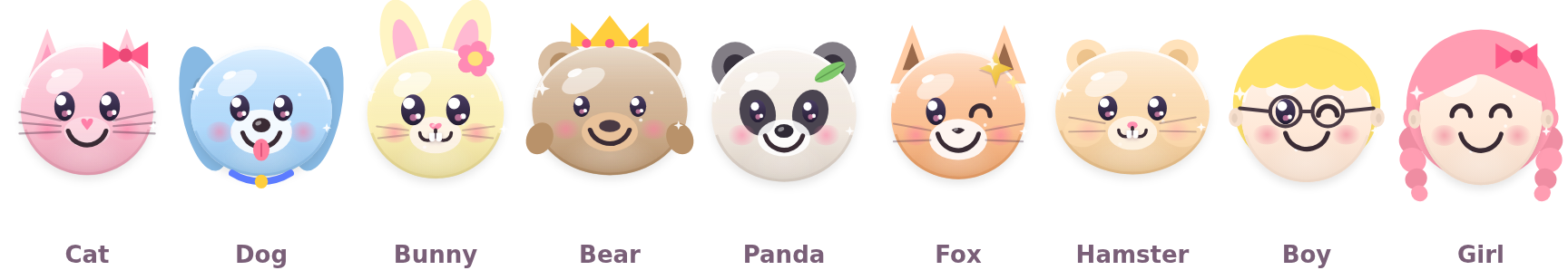 Six of the characters — cat, dog, bunny, bear, boy and girl