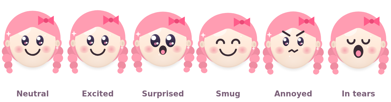 Six expressions — neutral, excited, surprised, smug, annoyed, in tears